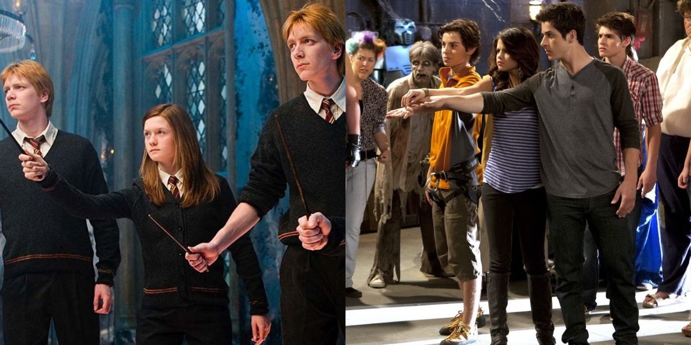 Split Image Harry Potter and the Order of the Phoenix Weasley Twins and Ginny practice with Dumbledore's Army, Wizards of Waverly Place Max, Alex, and Justin defeat Gorog