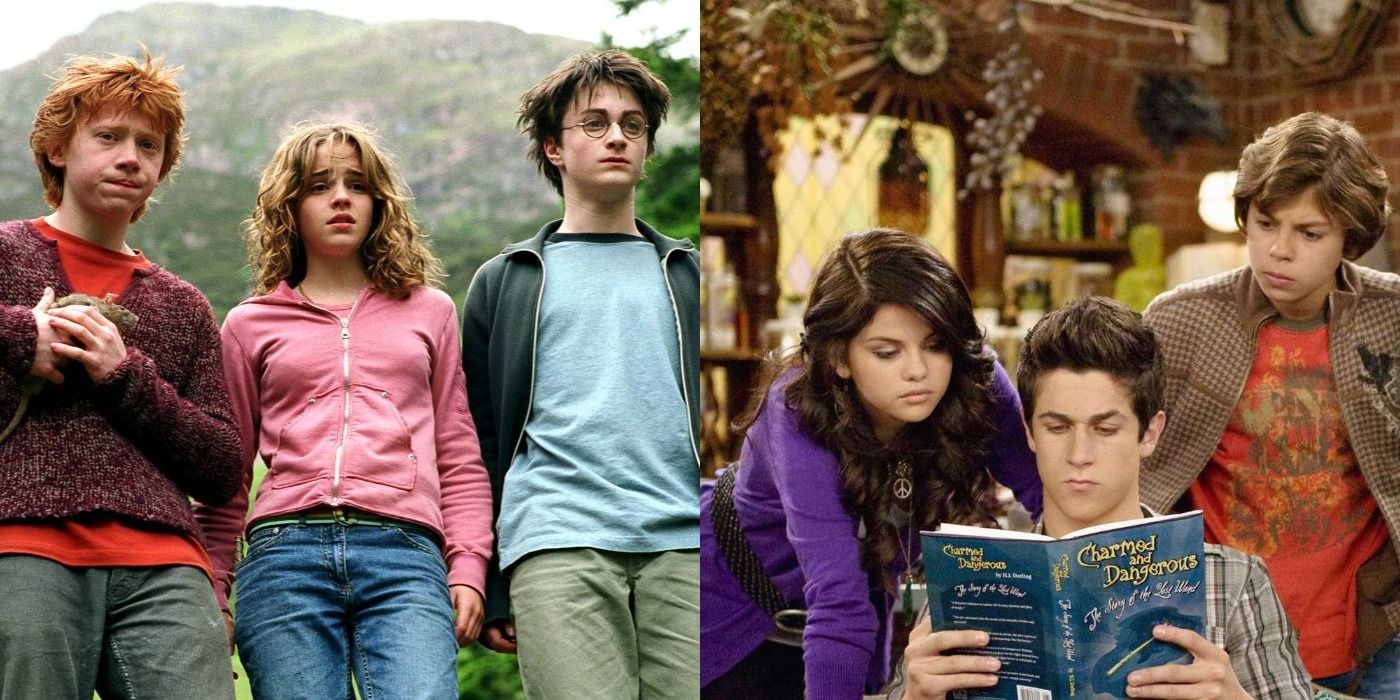 Split Image Harry Potter and the Prisoner of Azkaban Ron, Hermione, and Harry watch Buckbeak's execution from a distance, Wizards of Waverly Place Alex, Justin, and Max read &quot;Charmed and Dangerous&quot; in the wizard lair