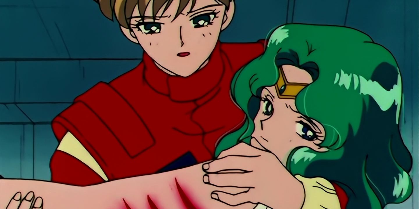 Haruka examines Neptune's wounds in Sailor Moon episode 106