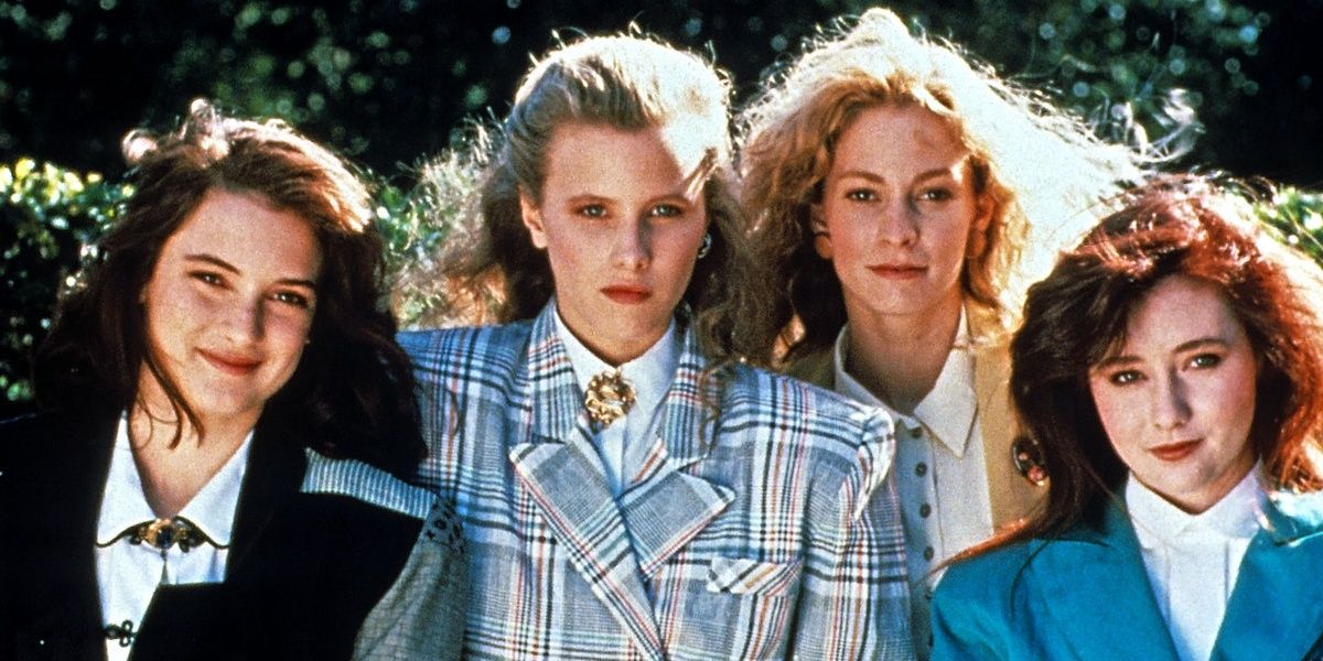 The Heathers and Veronica pose outside in the film Heathers.