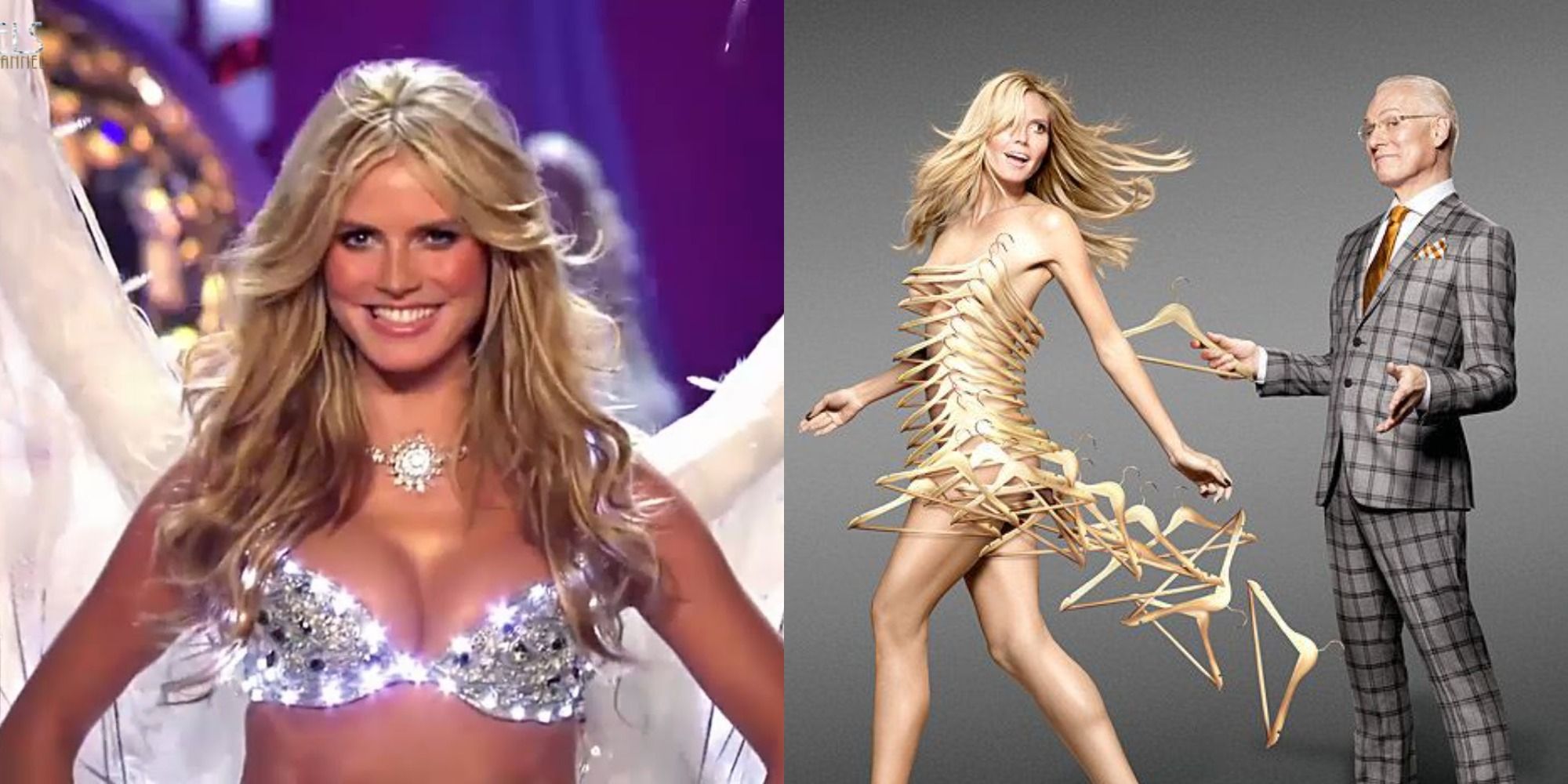 Split image including Heidi Klum walking down the Victoria's Secret runway, and in a promotional image for Project Runway