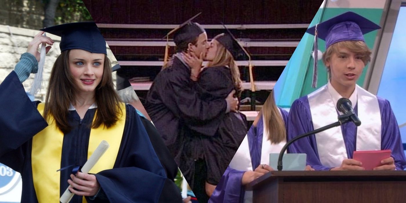 Rory walking with diploma, Cory and Topanga making out on stage, Cody giving a graduation speech
