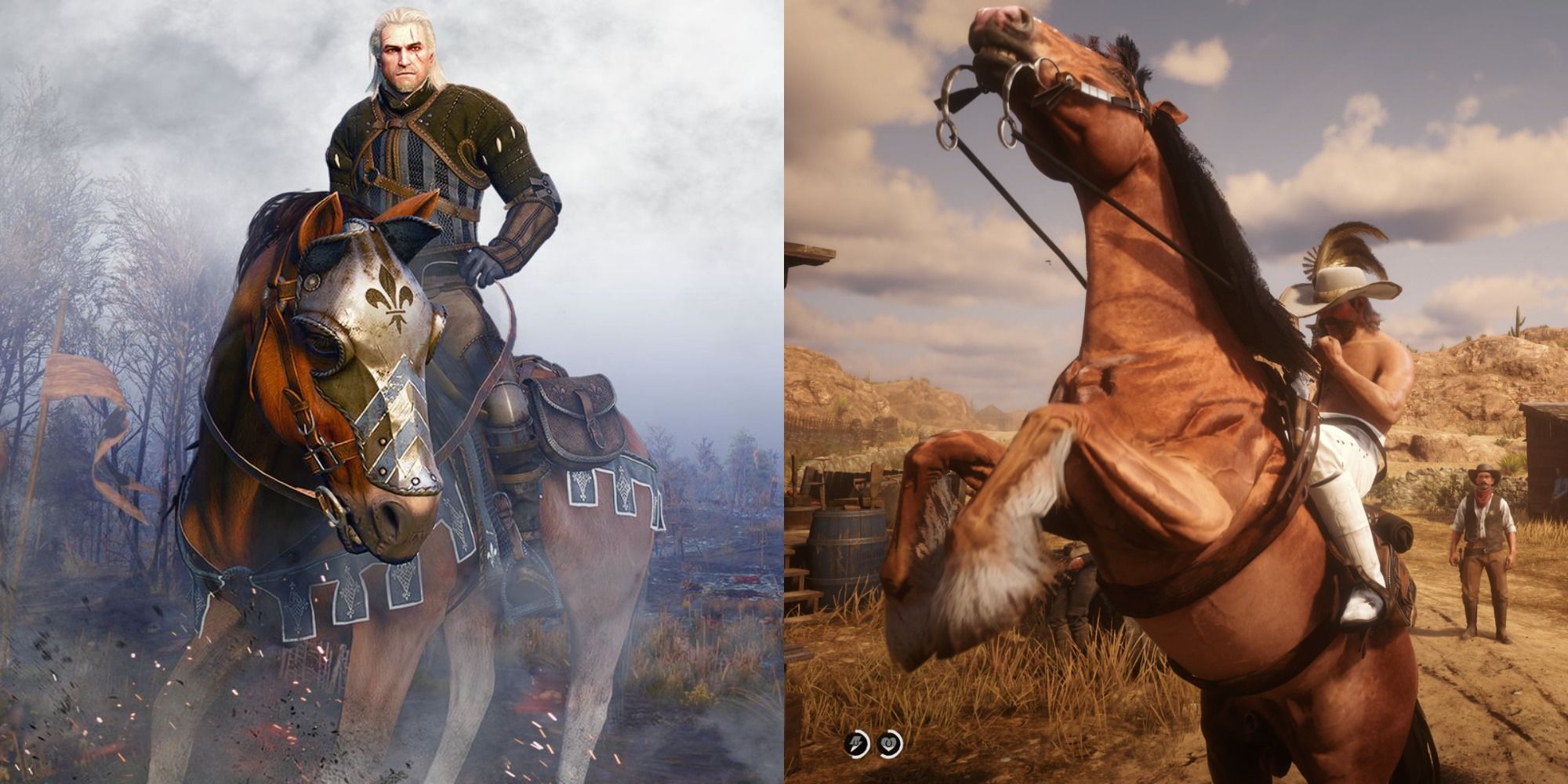 Side by side images of horses in video games