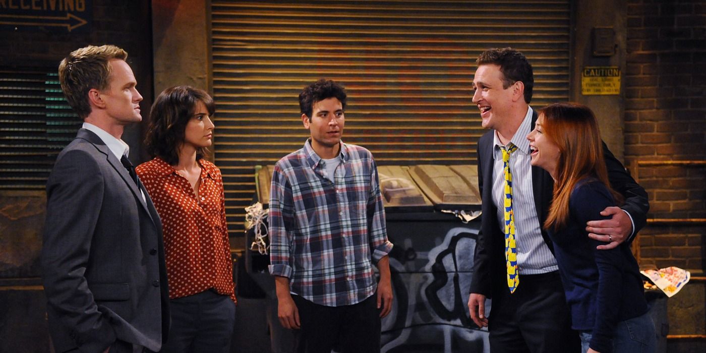 Barney, Robin, Ted, Marshall and Lily standing outside in How I Met Your Mother