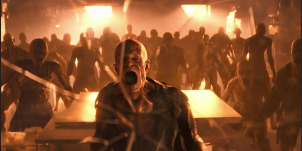 Alpha male and his group screaming at Robert Neville from behind glass in I Am Legend