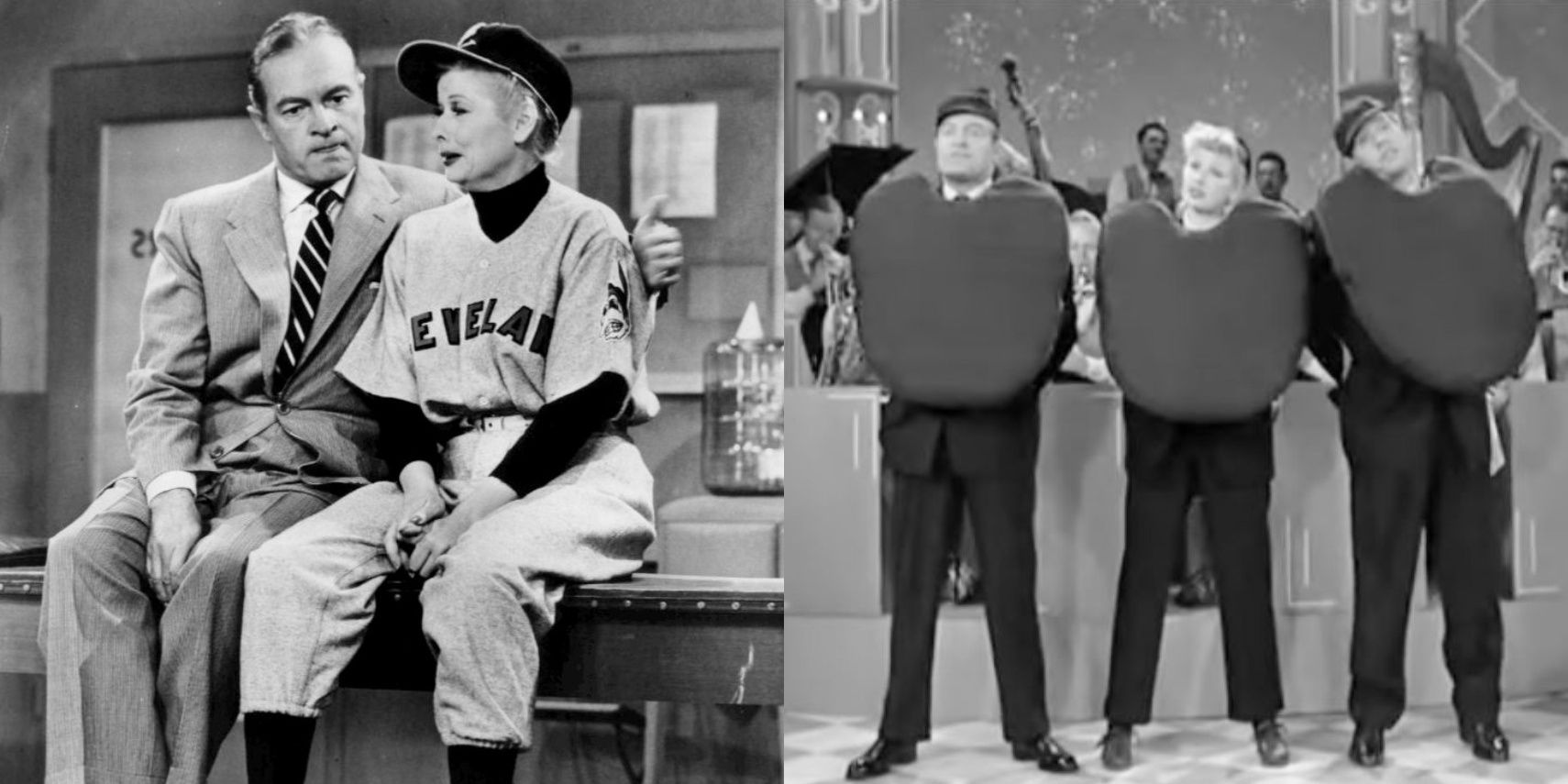 Lucy Ricardo (Lucille Ball) dressed in a baseball uniform with Bob Hope; Lucy Ricardo, Ricky Ricardo (Desi Arnaz) and Bob Hope performing while dressed as baseball umpires in &quot;I Love Lucy.&quot;