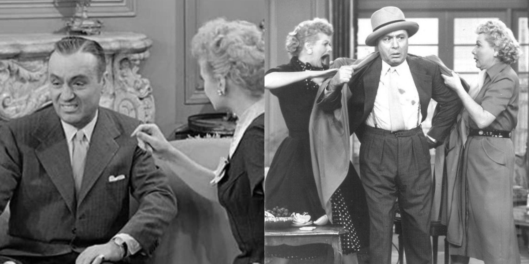 Charles Boyer making a peculiar face with Lucy Ricardo (Lucille Ball); Lucy Ricardo and Ethel Mertz (Vivian Vance) ripping Charles Boyer's jacket in &quot;I Love Lucy.&quot;