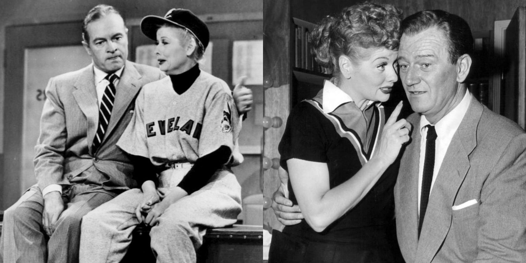 Lucy Ricardo (Lucille Ball) in a baseball uniform with Bob Hope; Lucille Ball and John Wayne behind-the-scenes of 