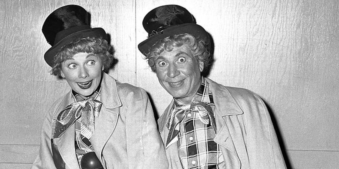Behind-the-scenes of Lucille Ball and Harpo Marx in &quot;I Love Lucy.&quot;