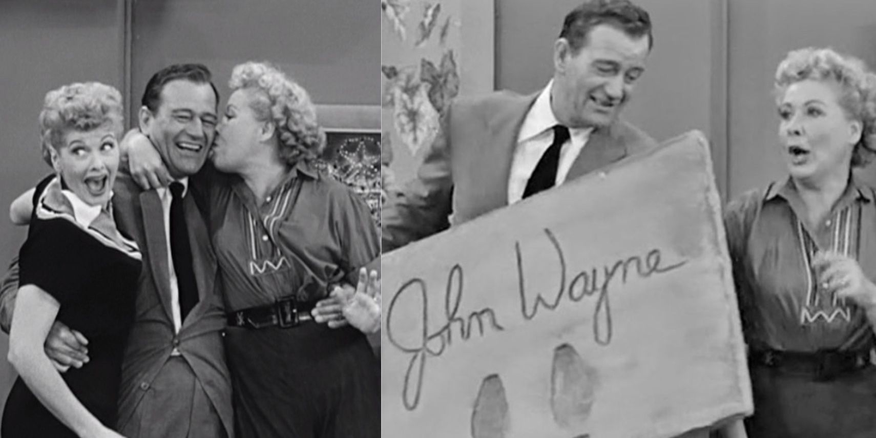 Lucy Ricardo (Lucille Ball) and Ethel Mertz (Vivian Vance) hugging and kissing John Wayne; John Wayne holding his footprints with Ethel Mertz in &quot;I Love Lucy.&quot;