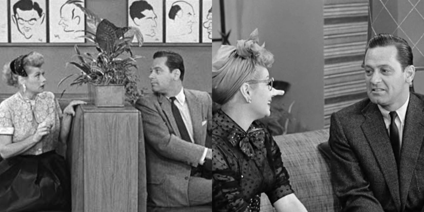 Lucy Ricardo (Lucille Ball) at William Holden at the Brown Derby restaurant; Lucy Ricardo with a fake nose disguise with William Holden in &quot;I Love Lucy.&quot;