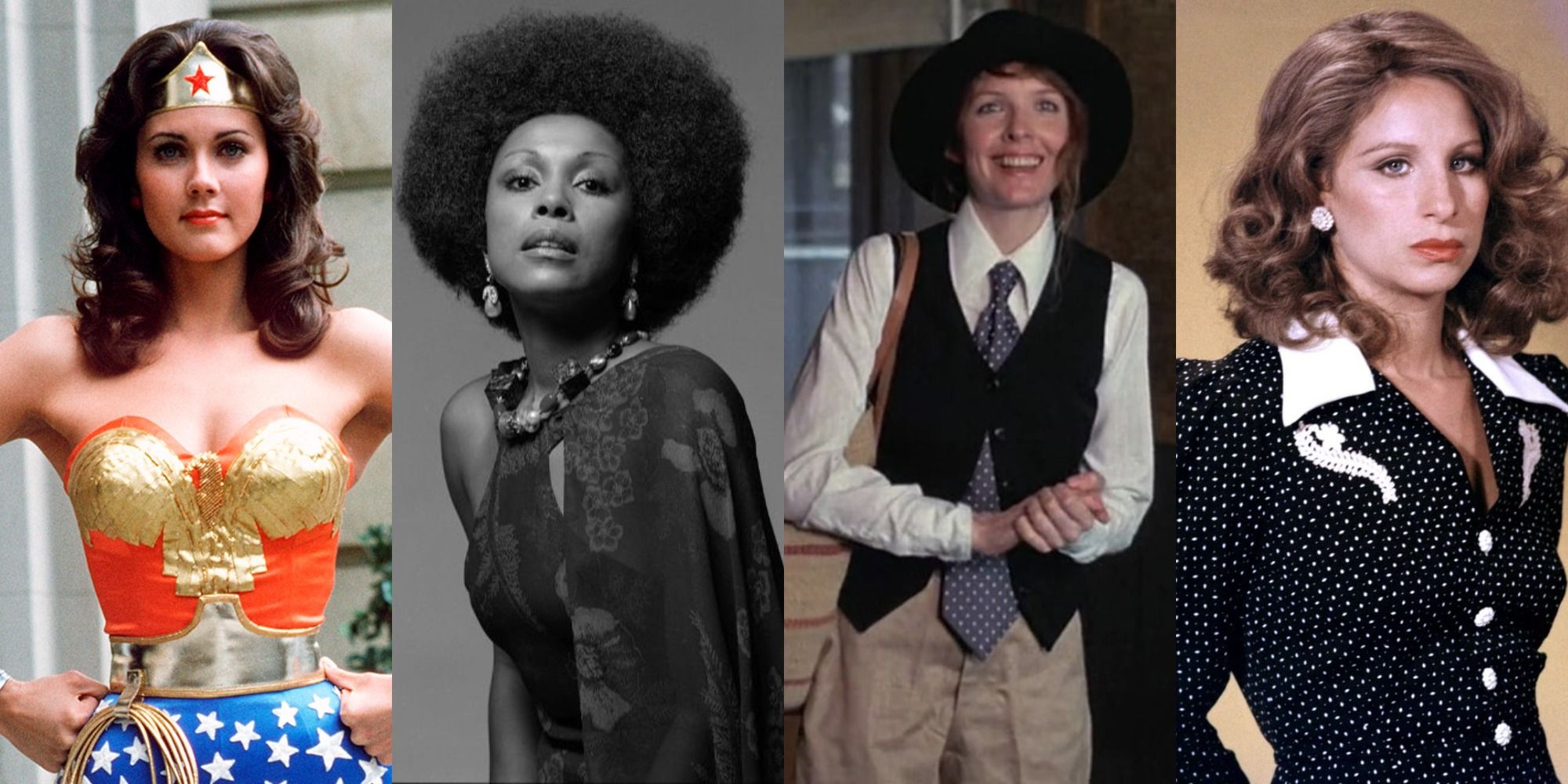 Split image with four icnonic actresses of the 70s: Lynda Carter, Diahann Carrol, Diane Keaton, and Barbra Streisand