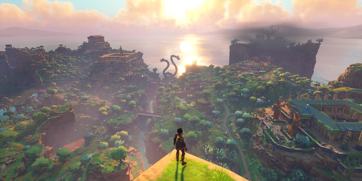 A man stands on a cliff overlooking a vast landscape in Immortals Fenyx Rising.