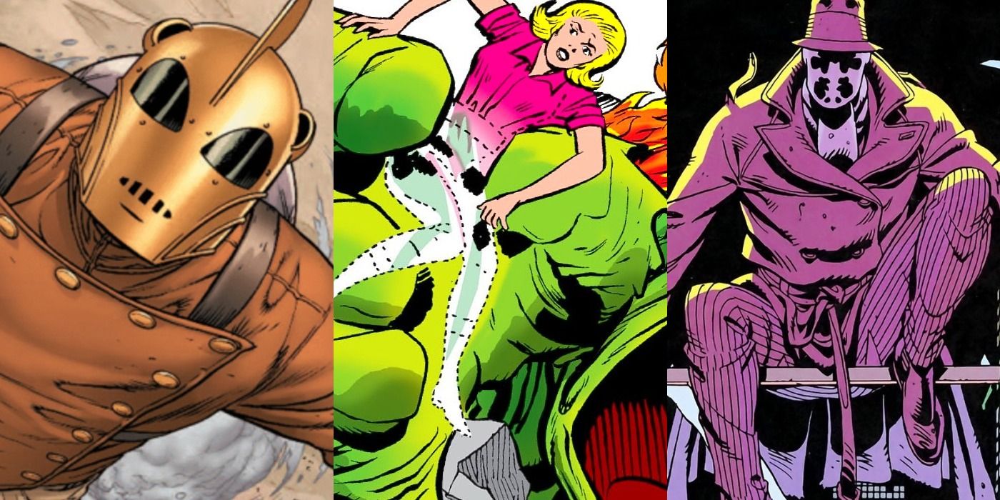 Split side-by-side image of Rocketeer, The Fantastic Four, and The Watchmen