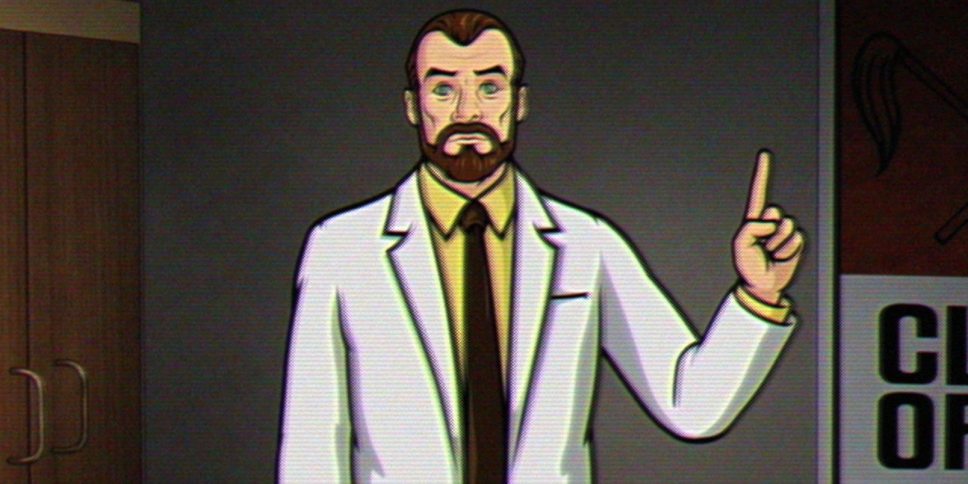 Krieger raising one finger in explanation with a VHS filter