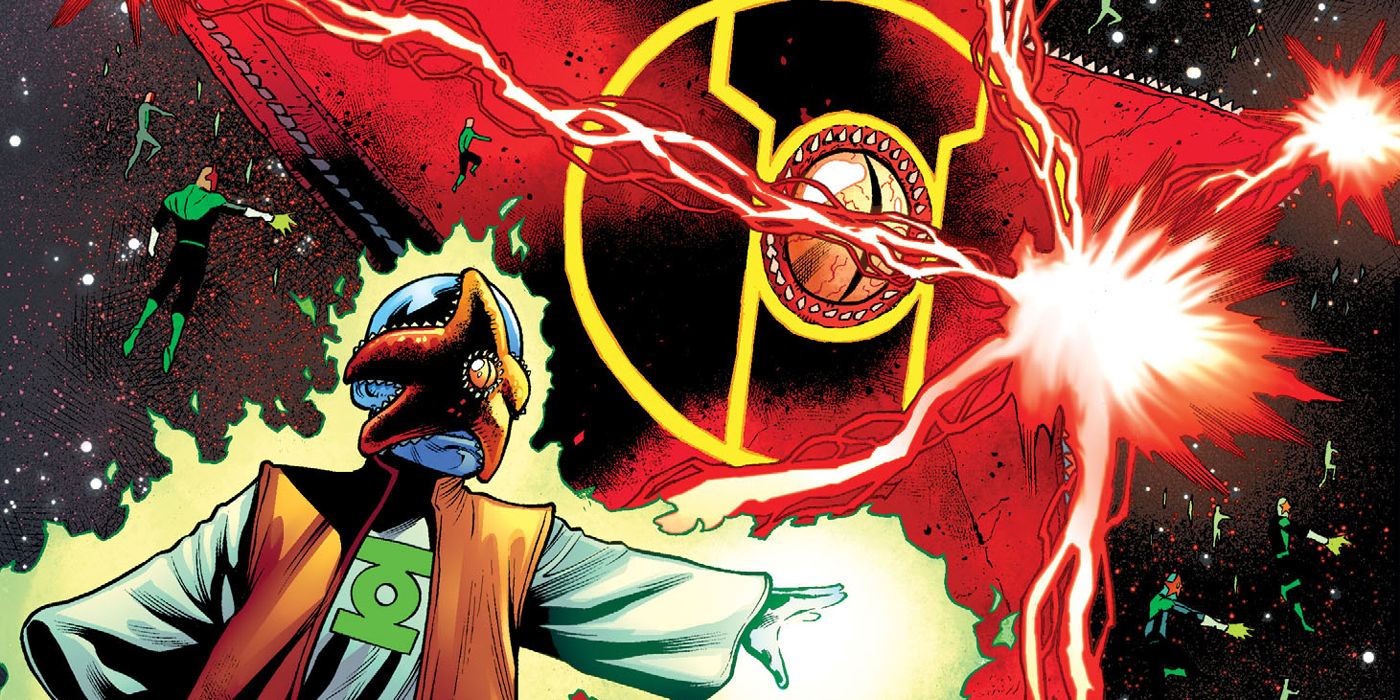 Starro The Red Lantern and an enslaved Guardian fight on Oa