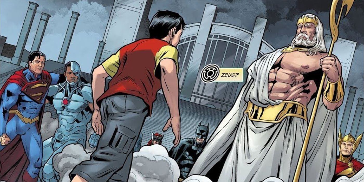 Billy Batson meets Zeus as Superman and Cyborg look on