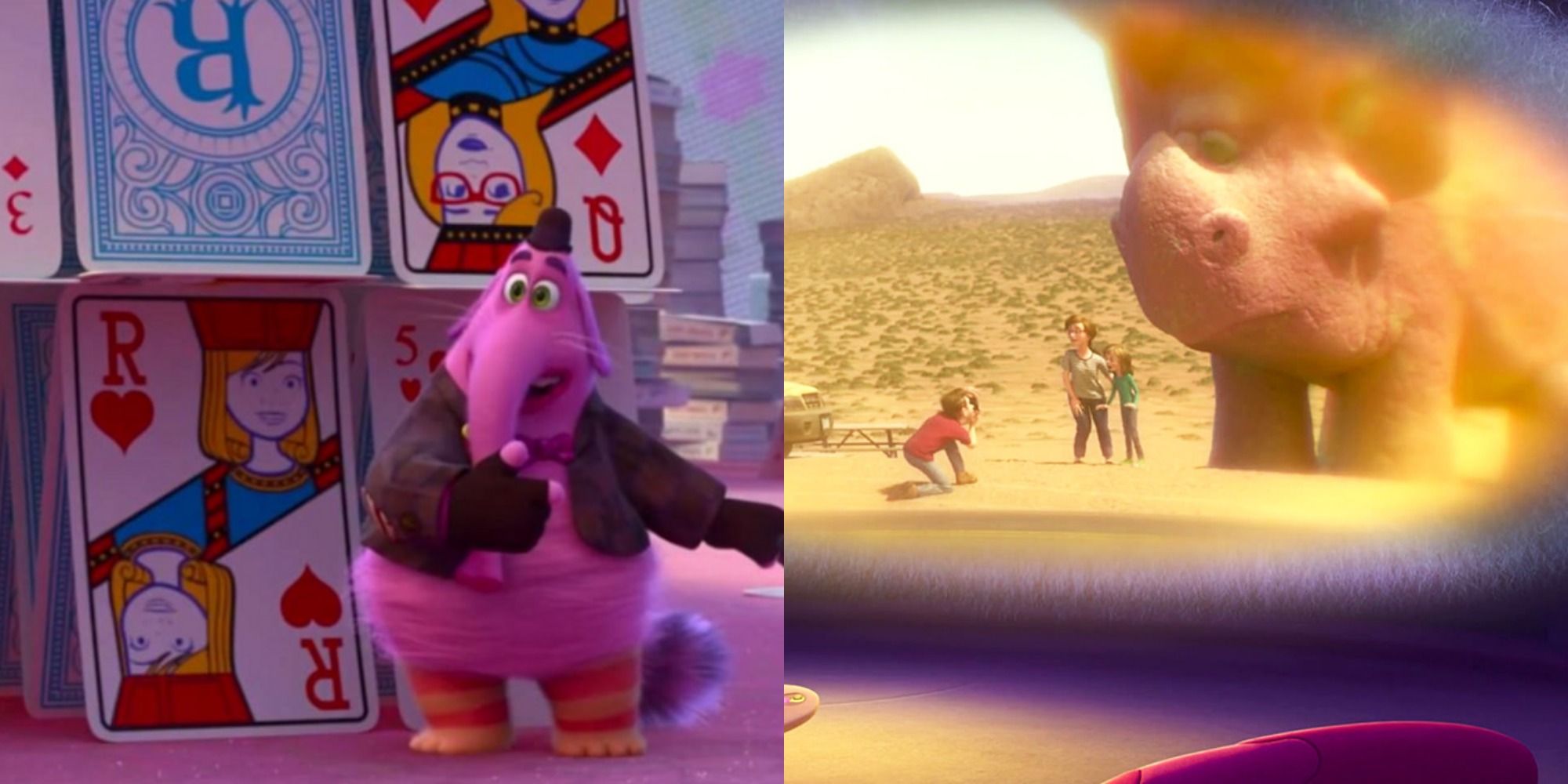 Split image of Bing Bong in front of cards and a memory of The Good Dinosaur in Inside Out