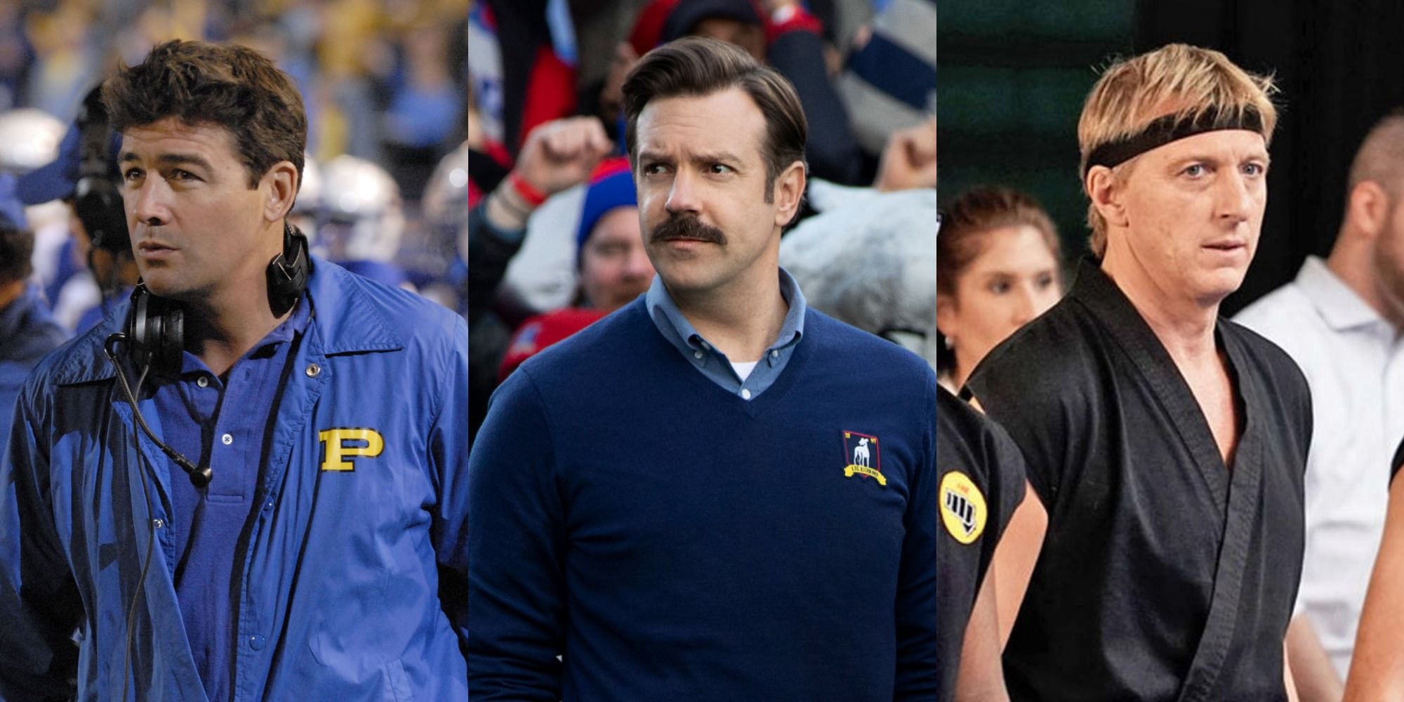 Split image of Coach Taylor from Friday Night Lights, Ted Lasso, and Johnny Lawrence from Cobra Kai