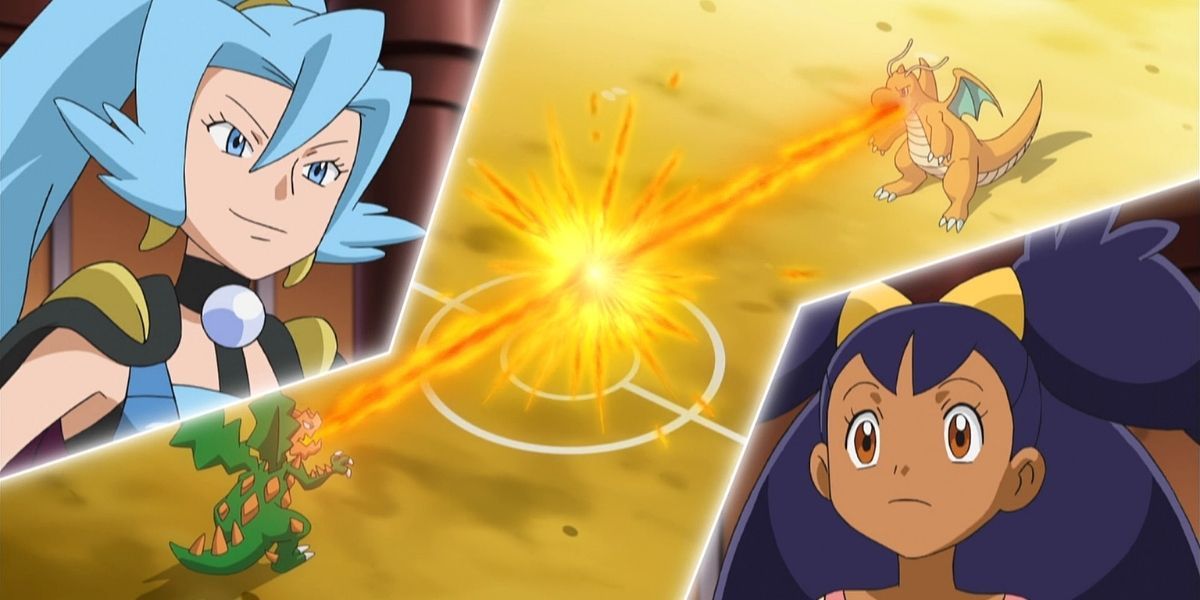 Iris's Dragonite and Clair's Druggidon attack each other in Pokemon anime.