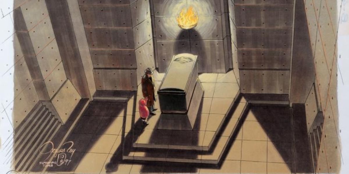 Superman's tomb being visited by a father and a little girl.