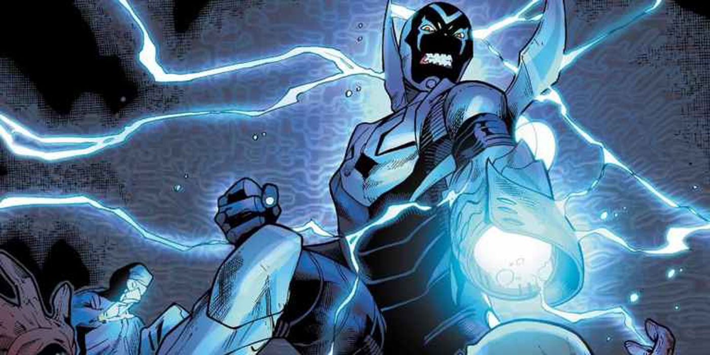 Jaime Reyes as Blue Beetle using his powersfiring a sonic blast.