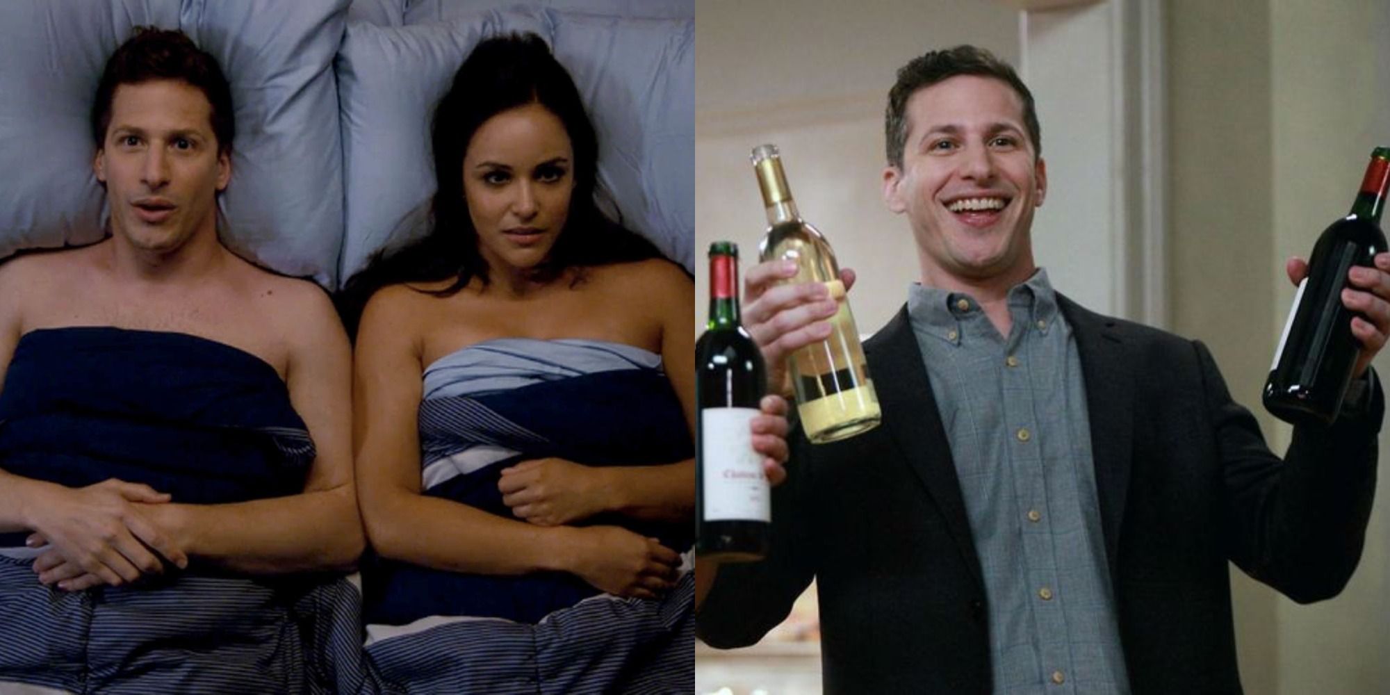 Split image of Jake and Amy in bed and Jake holding wine
