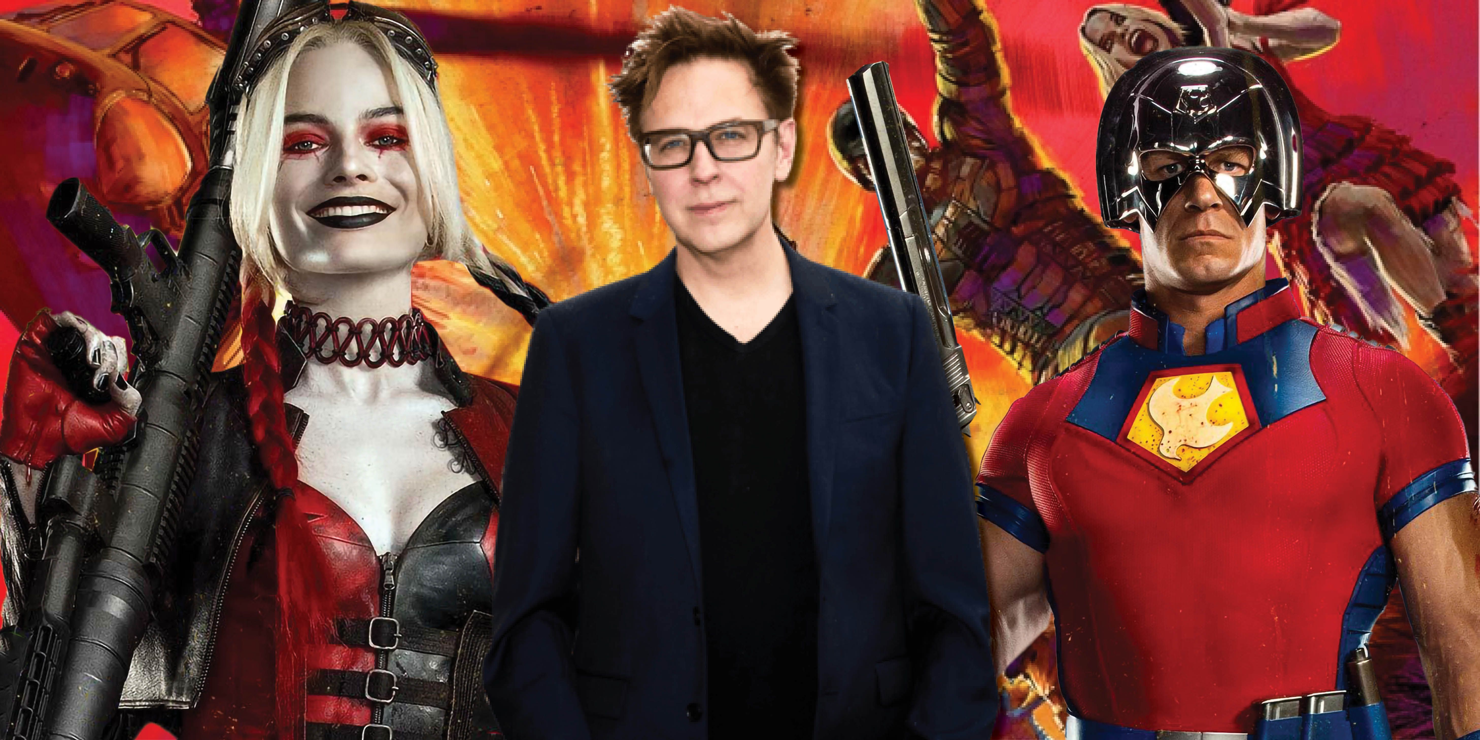 The Suicide Sqaud director James Gunn with Harley Quinn and Peacemaker