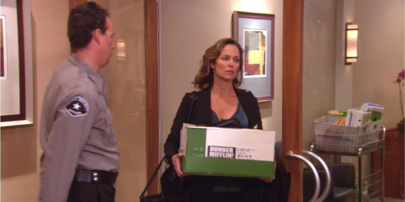 Jan is fired by Dunder Mifflin on The Office.