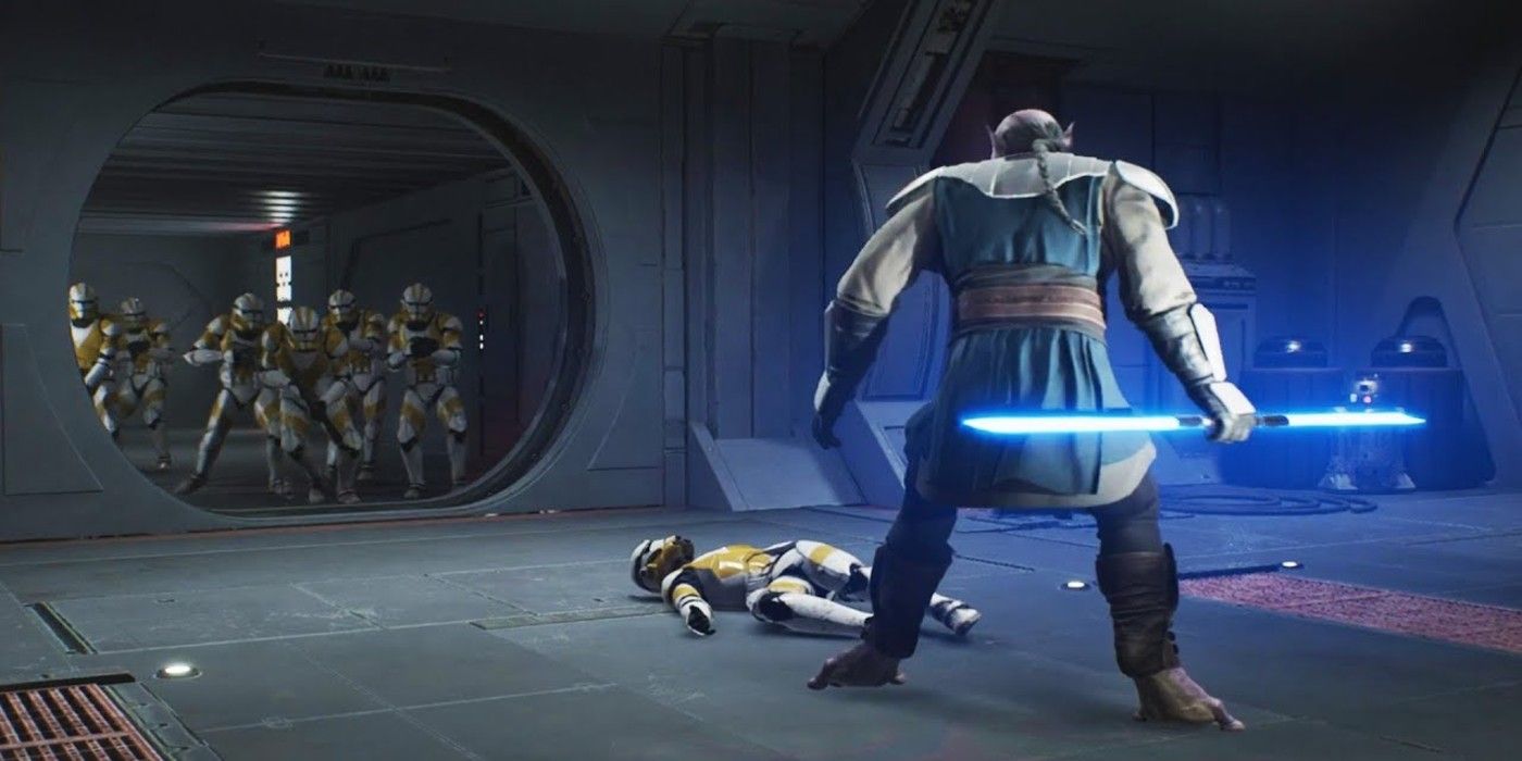 Jaro Tapal fights off clones and sacrifices himself to save Cal during Order 66 in Jedi Fallen Order