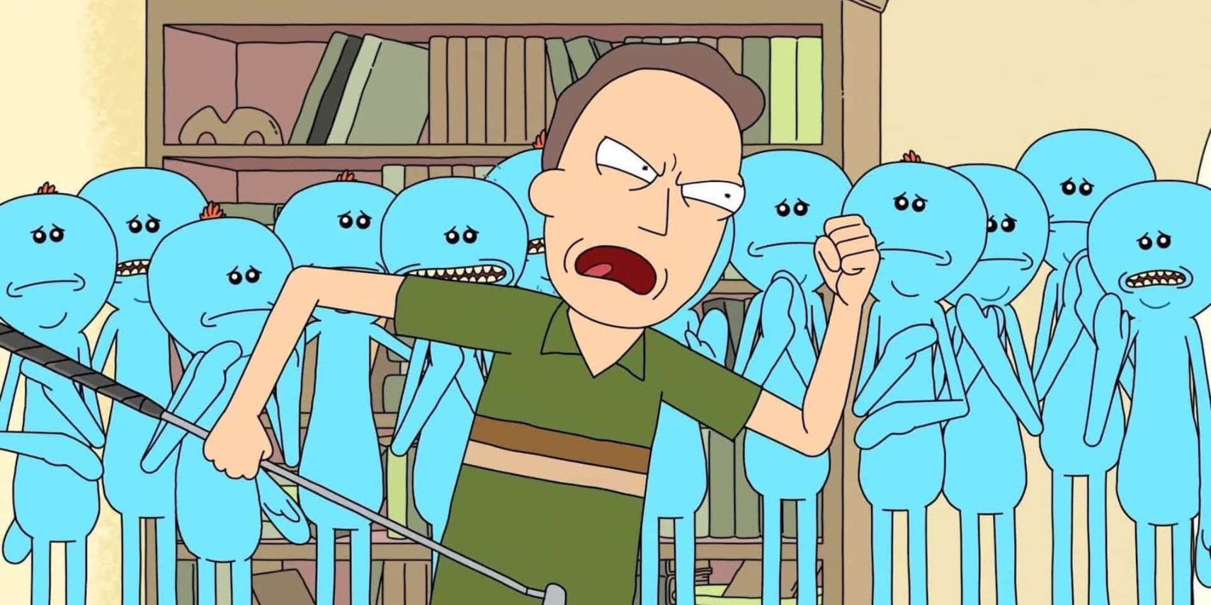 Jerry yelling holding golf club in Rick and Morty