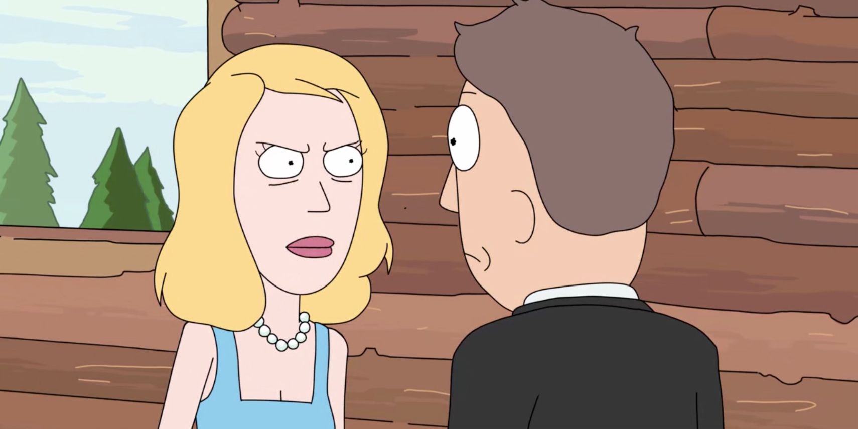 Beth looking disheveled yelling at Jerry in Rick and Morty