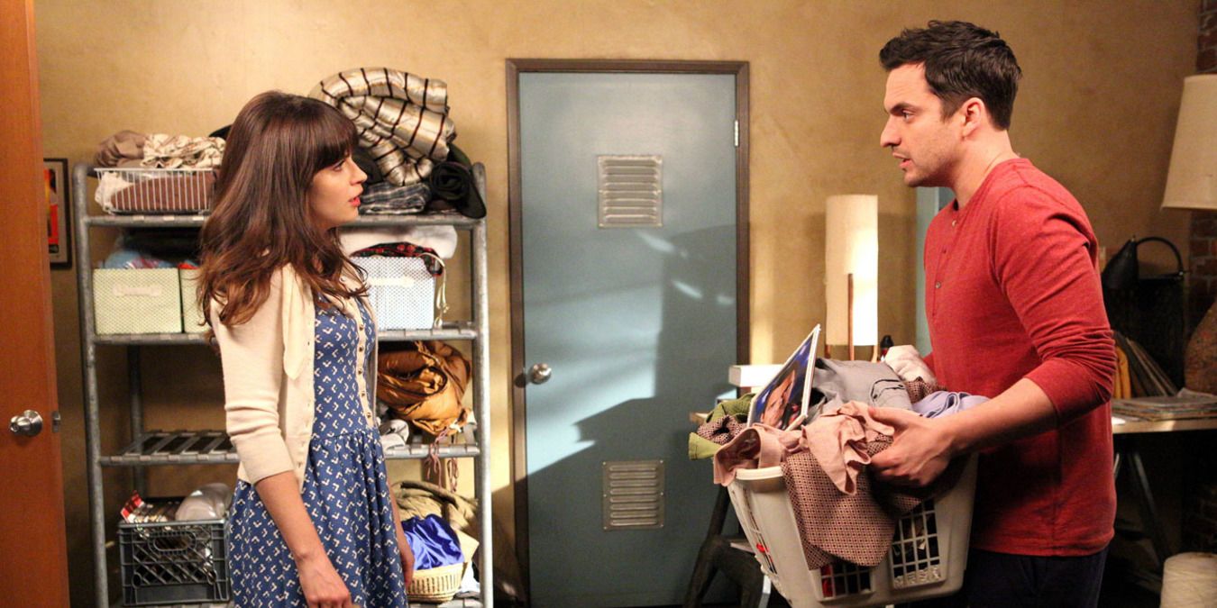 Jess and Nick standing in his room, with all his stuff in New Girl.