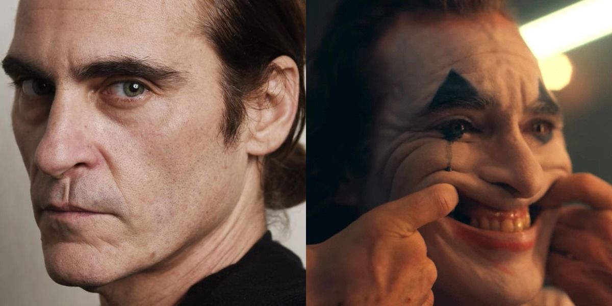 Joaquin Phoenix and Arthur Fleck pulling his cheeks into a grin while in his Joker makeup.