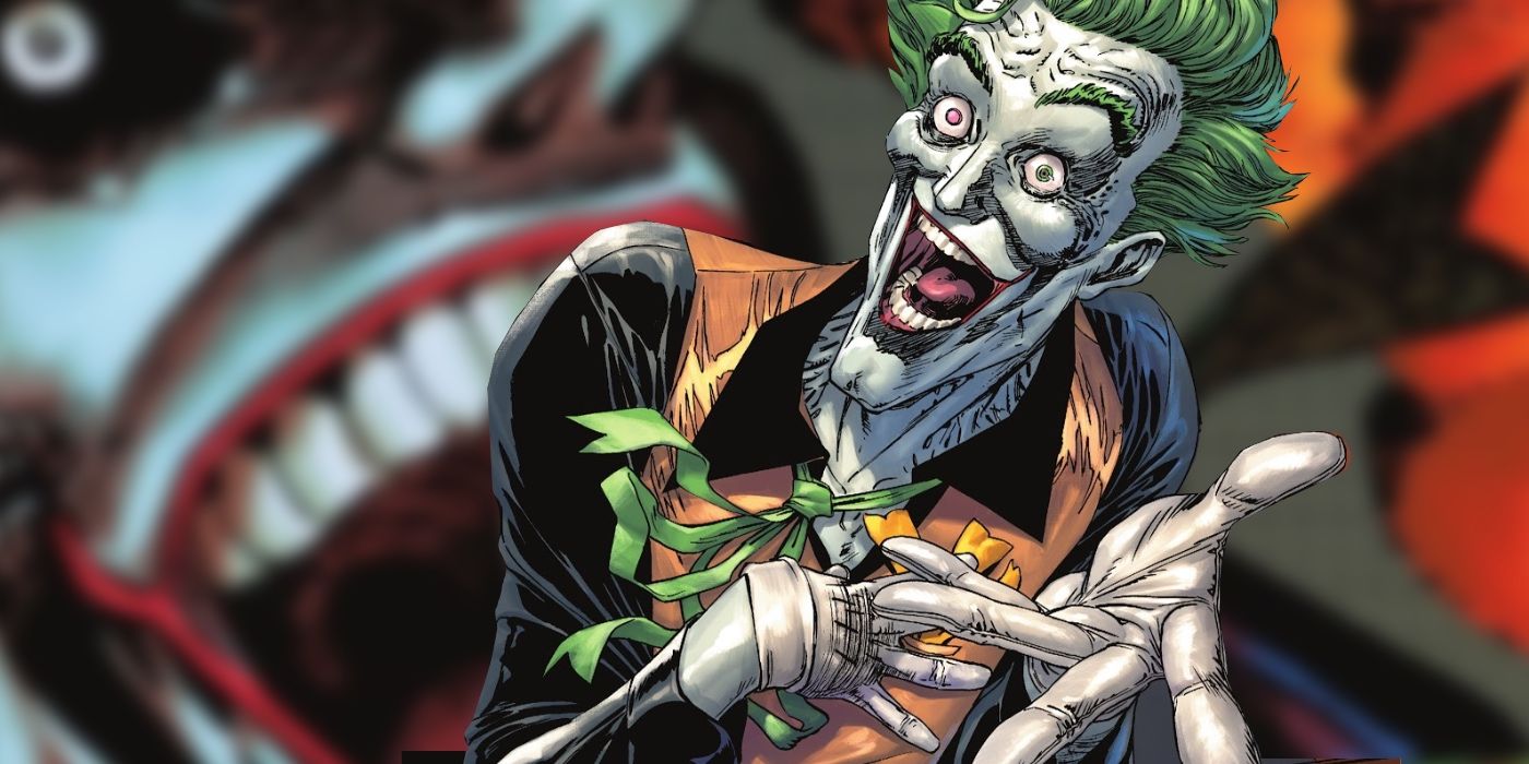 The Joker laughing manically (foreground); close up of his laughing mouth (background.)
