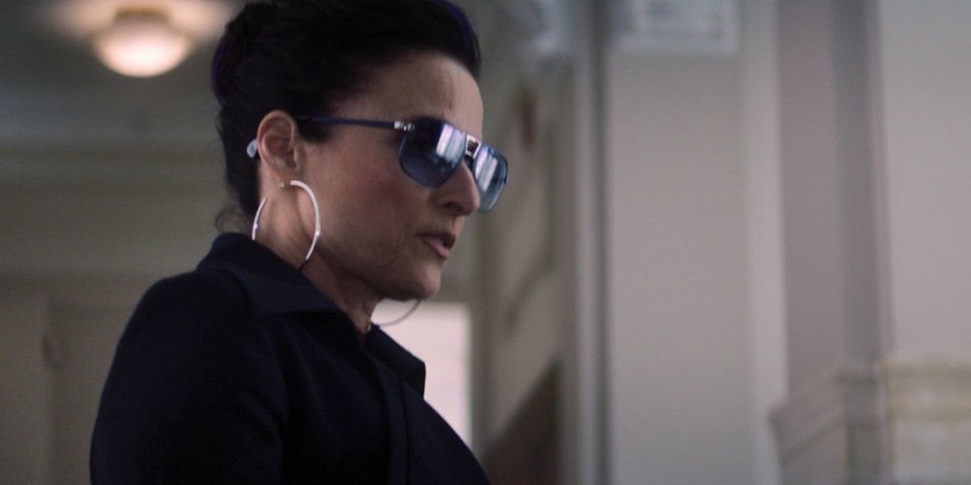 Contessa Valentina Allegra De Fontaine wearing black shades in The Falcon and the Winter Soldier.