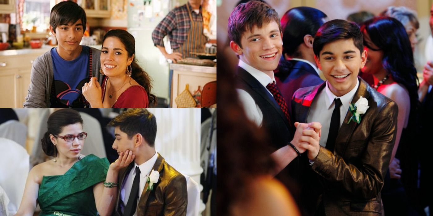 A compilation of images of Justin in Ugly Betty: Justin with Hilda, Justin with Betty, and Justin dancing with a boy