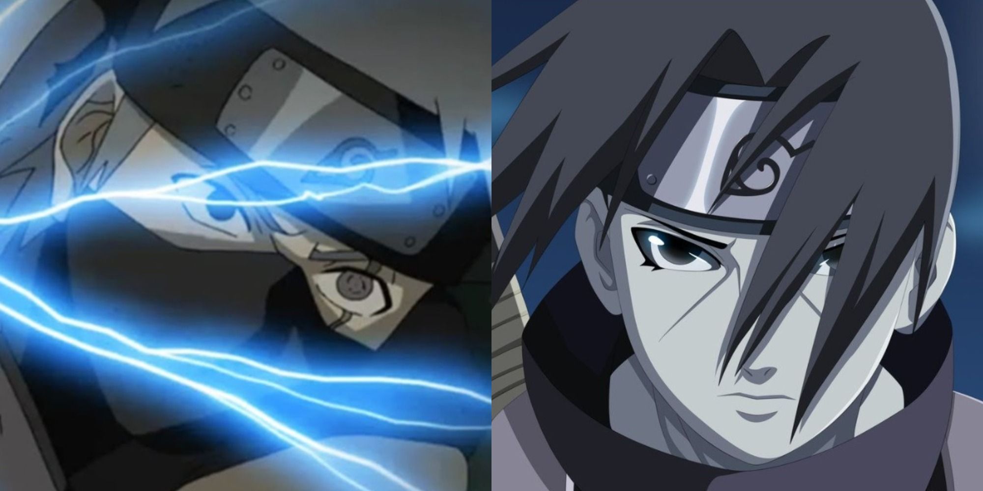 Kakashi Hatake and Itachi Uchiha in a split image from Naruto