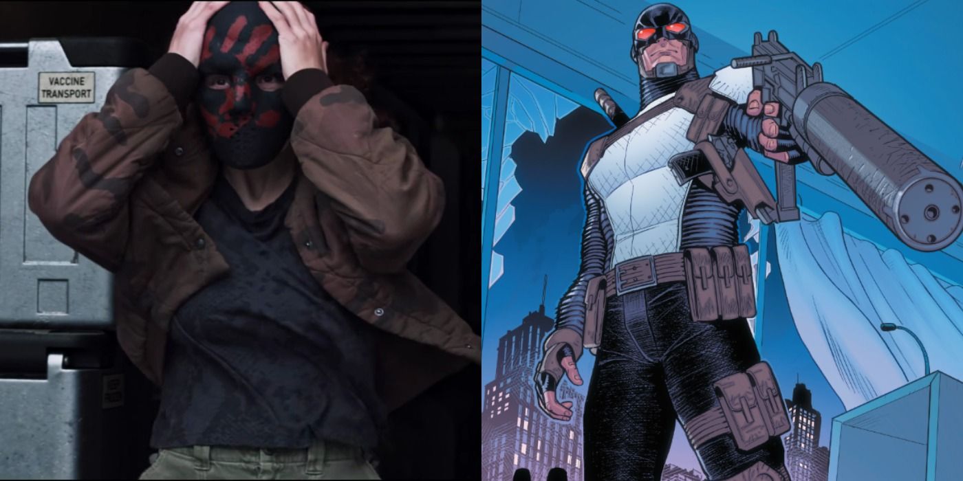 Karli Morgenthau From The MCU Wearing Her Flagsmasher Mask And Karl Morgenthau From The Comics Pointing A Gun In His Flagsmasher Costume