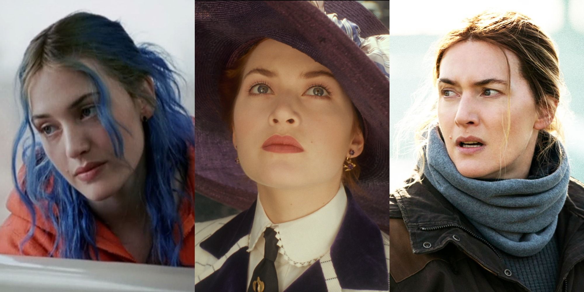 Imagem dividida com três apresentações de Kate Winslet: Clementine em Eternal Sunshine, Rose em Titanic e Mare em Mare of Easttown
