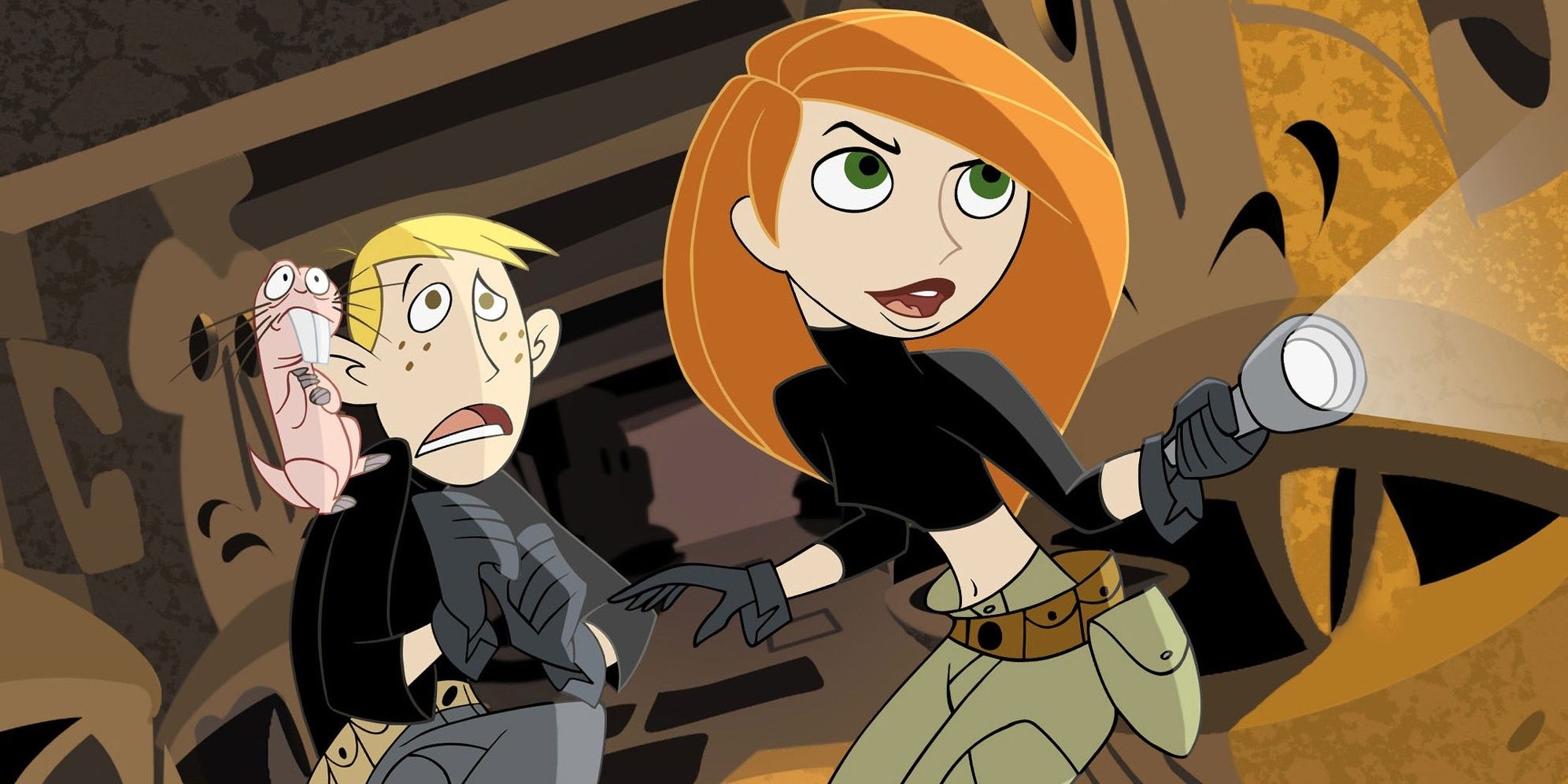 Kim possible, Ron, and Rufus explore a cave