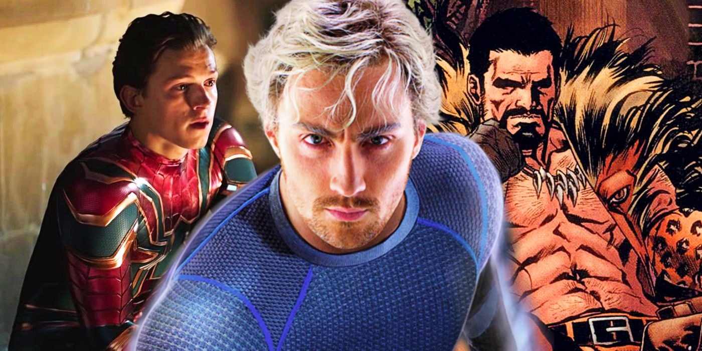 A montage of Kraven the Hunter, Tom Holland as Spider-Man, and Aaron Taylor Johnson as Quicksilver.