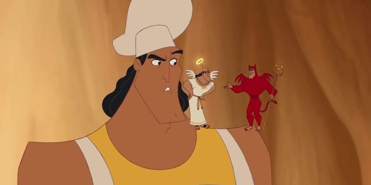 Kronk in chef's hat talking his good and bad consciousness
