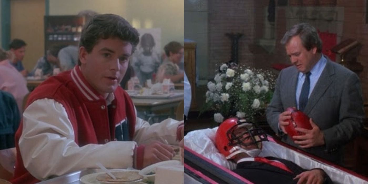 Split image of Kurt Kelly and his dad at his funeral in Heathers