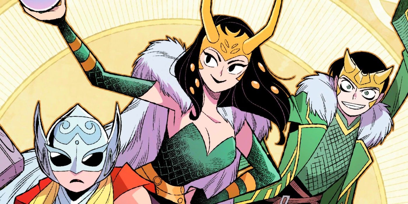 Lady Loki, Jane Foster Thor, and Loki having fun in Marvel Comics