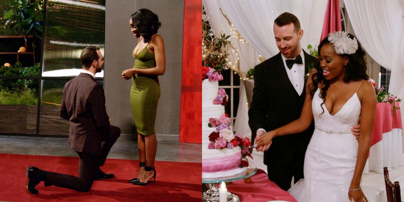 Lauren and Cameron on Love Is Blind split image with Cameron proposing and the right showing the pair cut their wedding cake