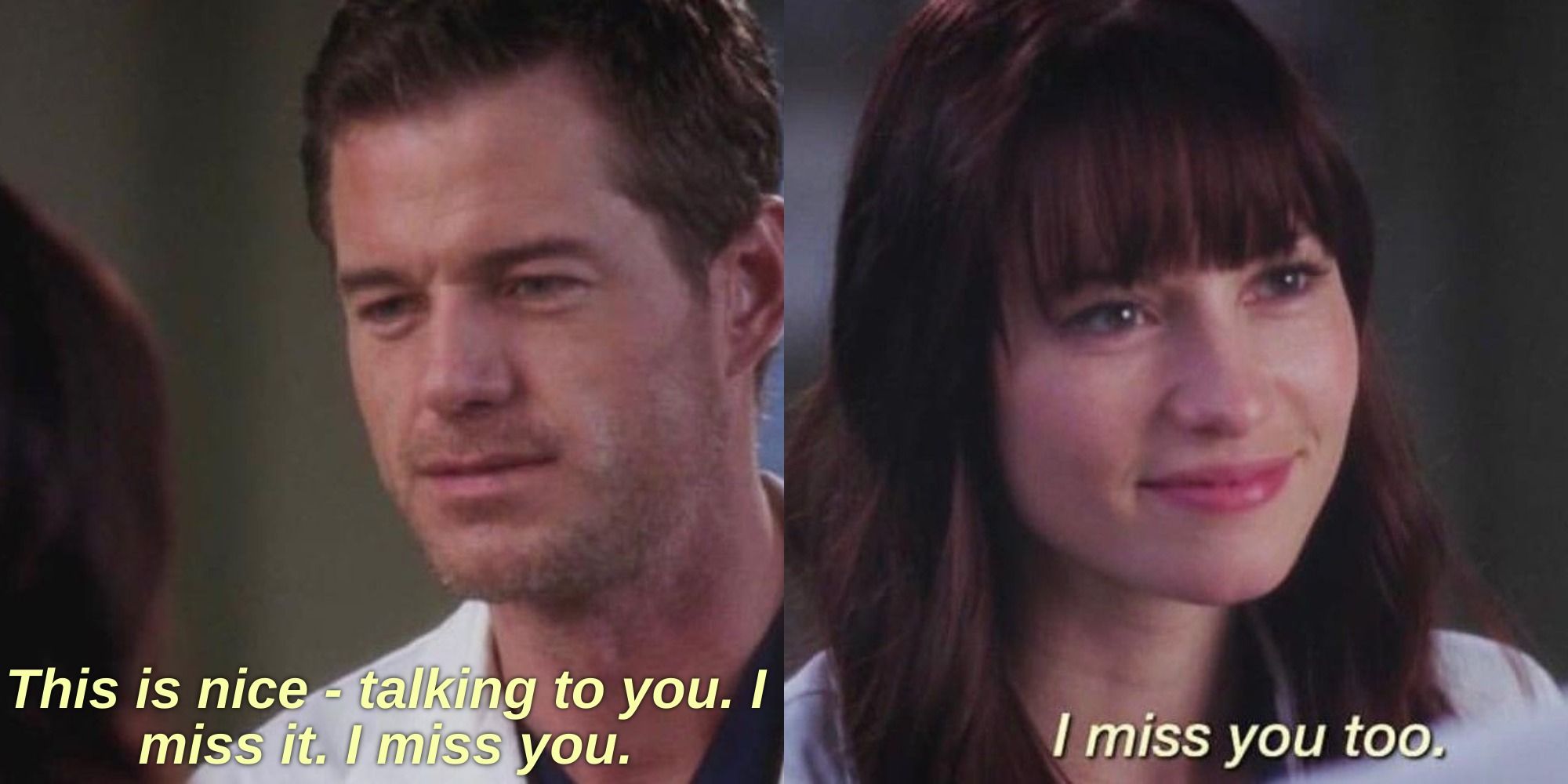 Mark and Lexie talking in the hospital halls in Grey's Anatomy