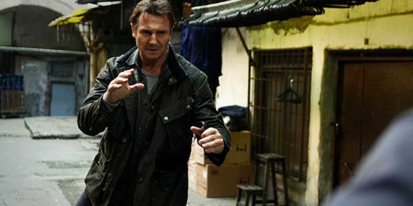 Liam Neeson in a fighting stance in Taken 2