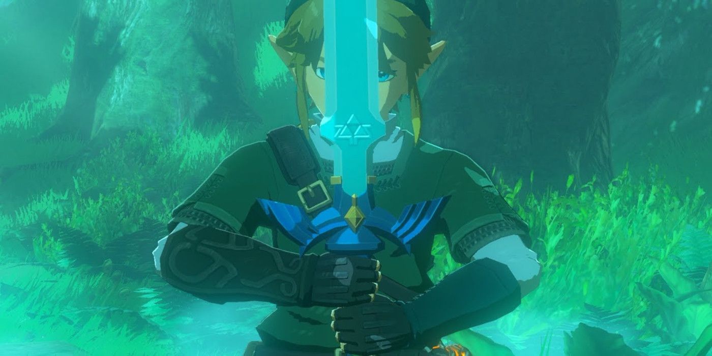 Tautan dari Legend of Zelda: Breath of the Wild memegang Master Sword