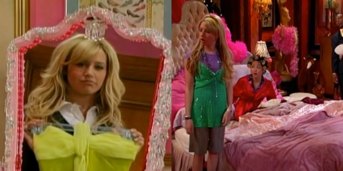 Maddie holding dress in front of the mirror in Suite Life of Zack and Cody